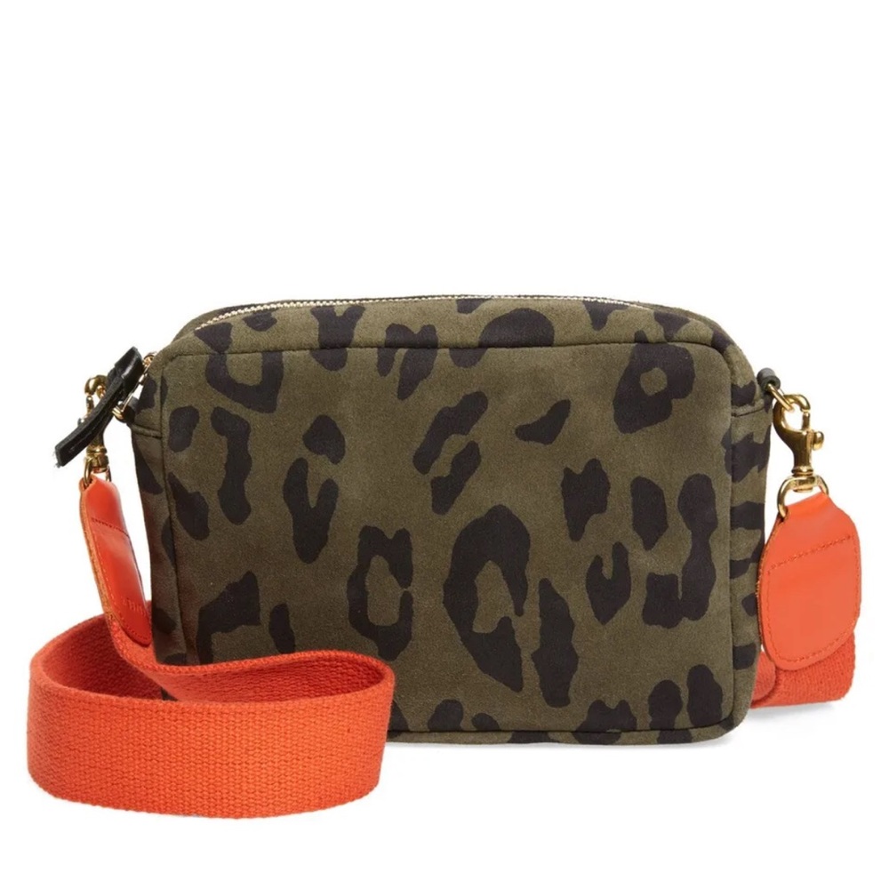 CLARE V. Midi Leopard Print Leather Shoulder Bag Army Green Pablo Cat Suede NEW